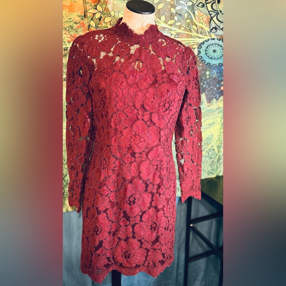 Betsey Johnson Burgundy Floral Lace Long Sleeve Dress